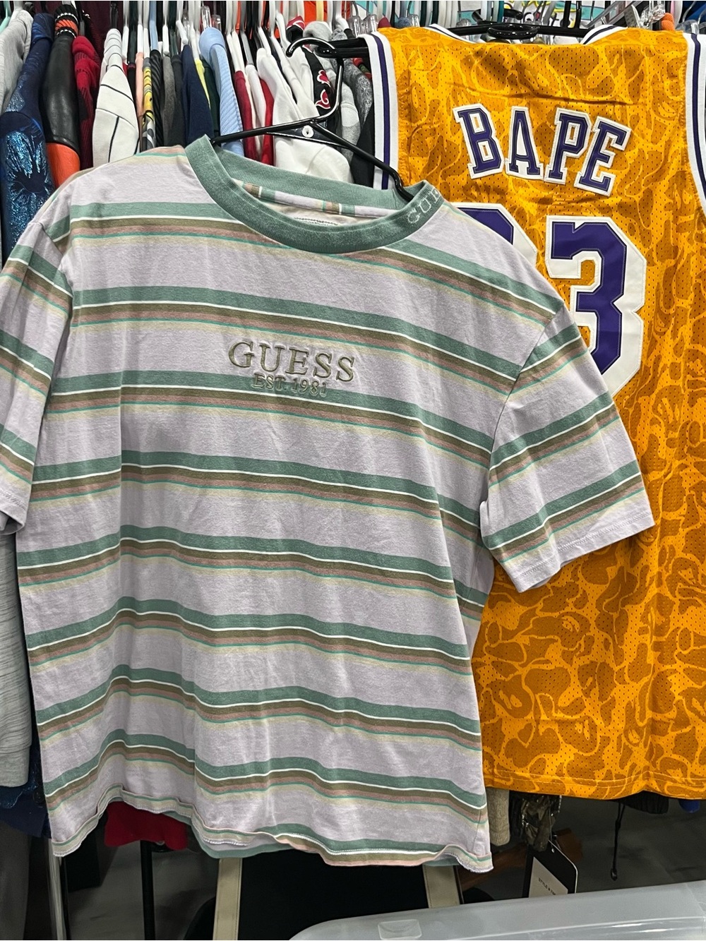 GUESS Striped Short-Sleeve Tee in Green, White & Tan - Picture 1 of 3